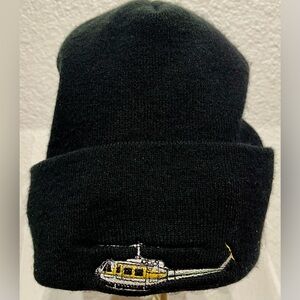 Black Knit Beanie with Yellow Helicopter Embroidery